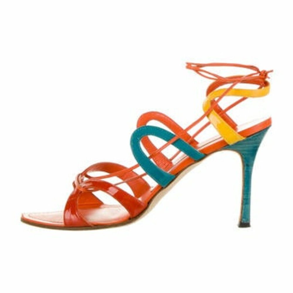 MANOLO BLAHNIK Vintage Leather Stiletto Heeled Sandal, Orange, EU Size 38.5